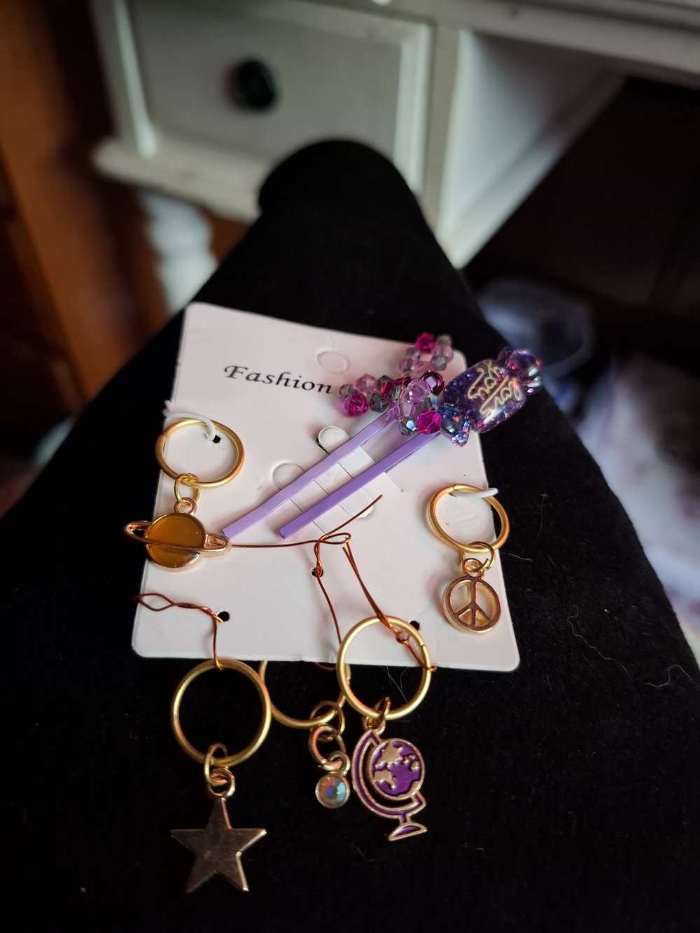 Purple Hair Clips Bobby Pins and Gold Toned Dangle Hair Charm Gift Set